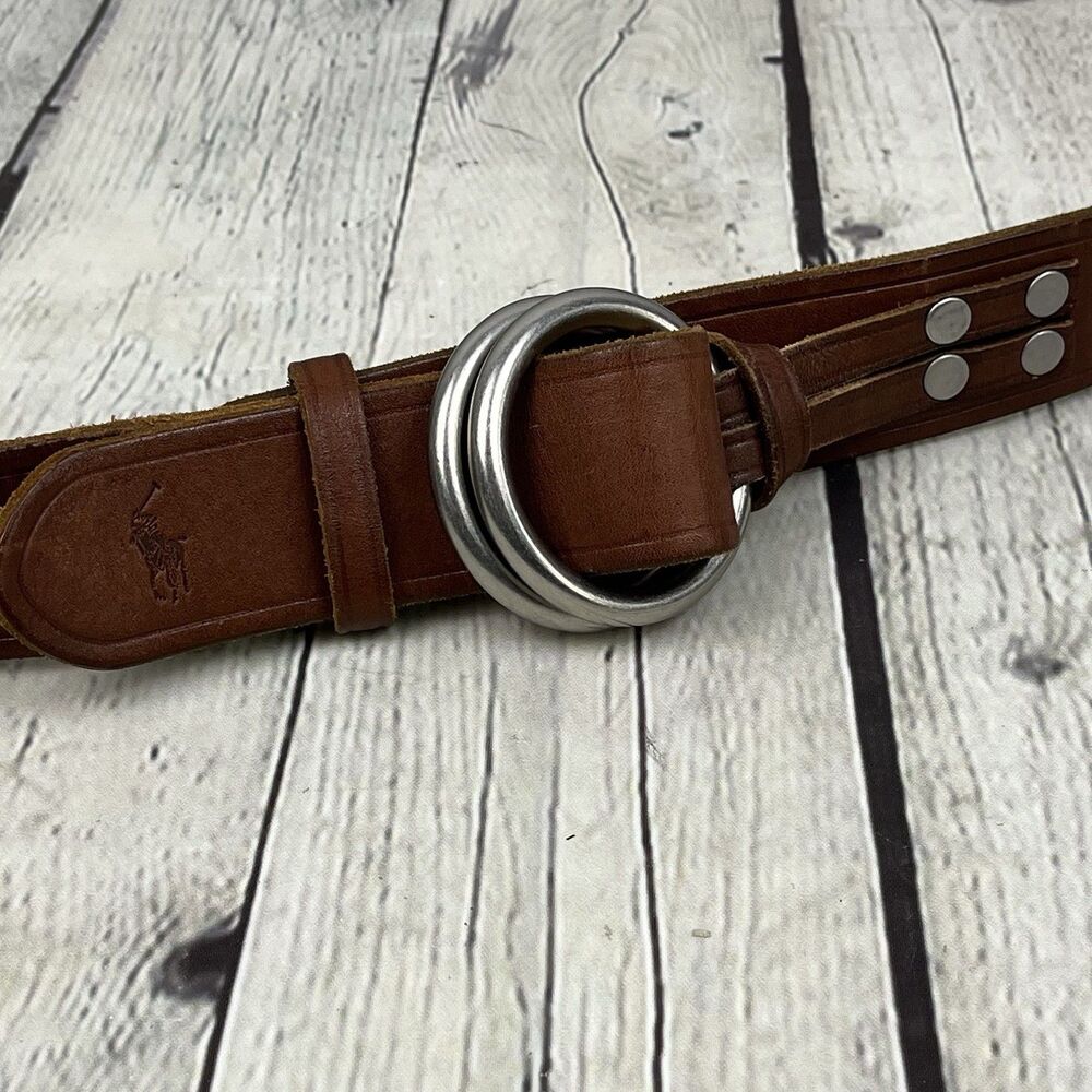 Polo Ralph Lauren Double Ring Leather Belt Brown 55” x 1.5” Designer Western - Picture 3 of 9